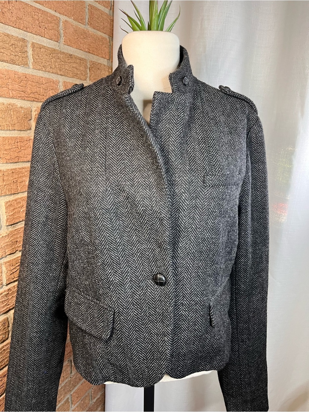 American Eagle Wool Blend Herringbone Military Jacket Gray Large Lined